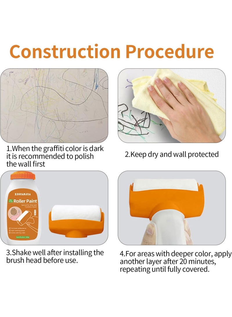 XIGUANJIA Drywall Repair Kit, Upgrade 500g Large Capacity White Paint with Roller, Wall Surface Scratch Quick and Easy Solution, Small Roller Brush Repair Kit - White - Image 3
